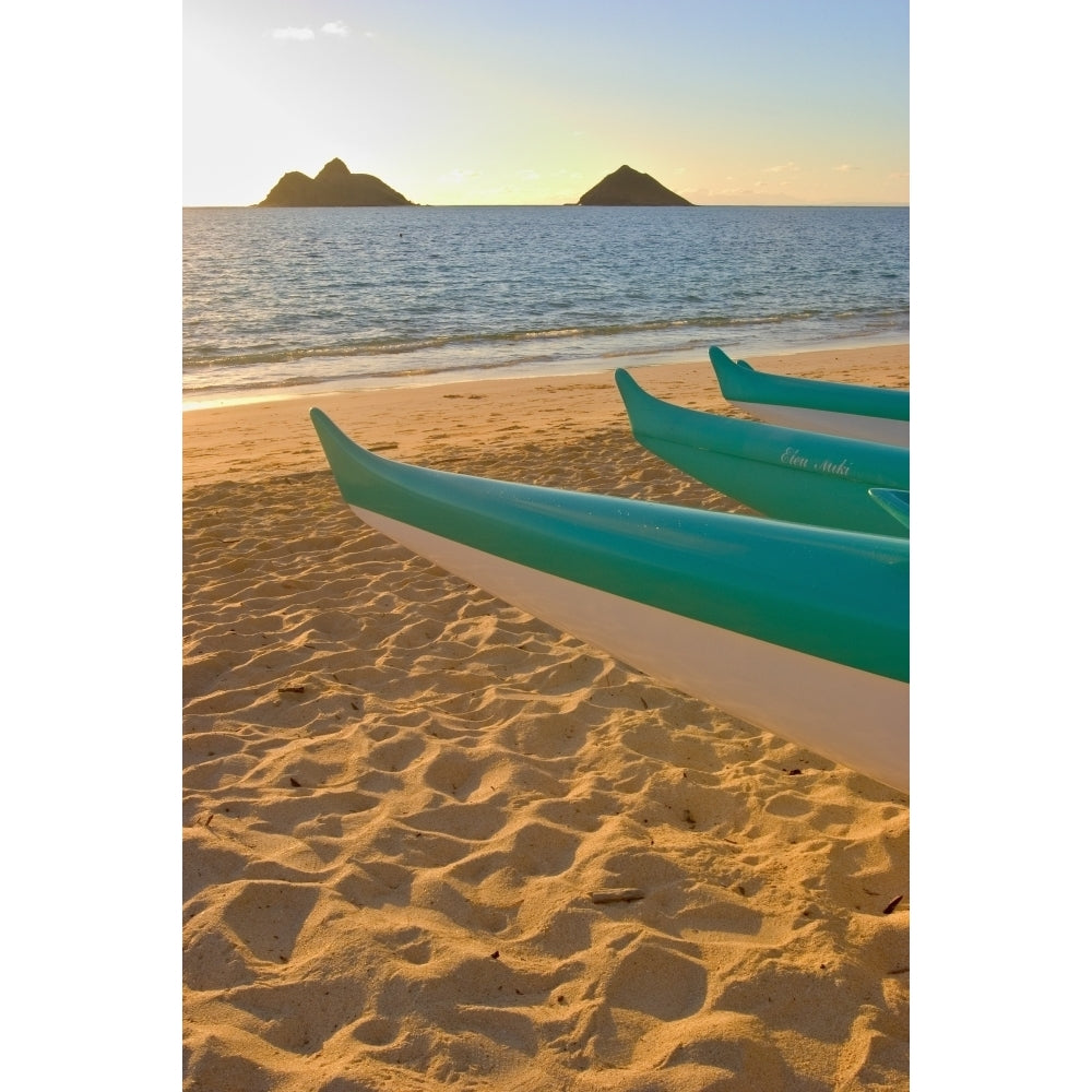 Hawaii Oahu Outrigger Canoes On Lanikai Beach At Sunrise Poster Print Image 1