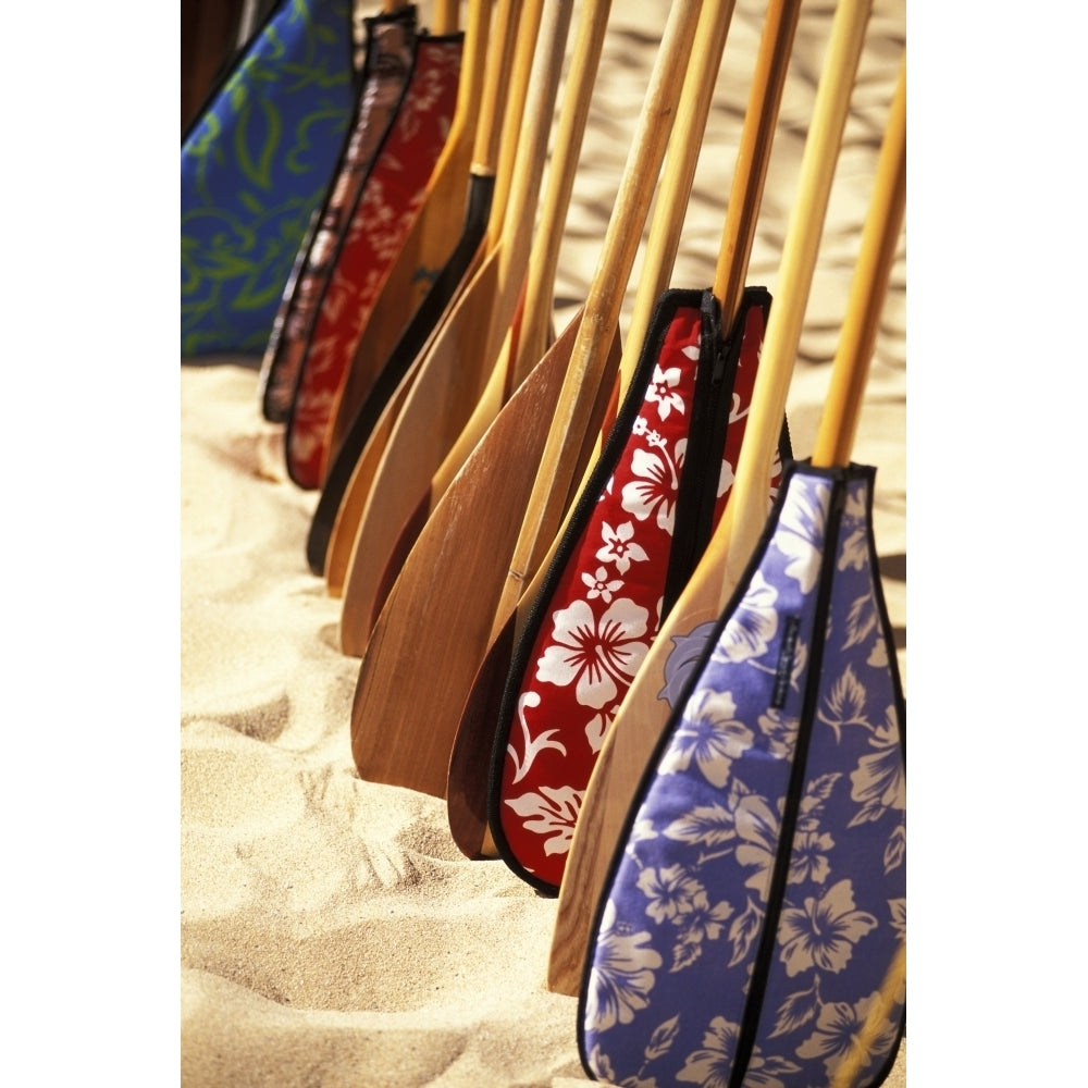 Hawaii Paddles With Aloha Print Covers Lined Up Across Sand Poster Print Image 2