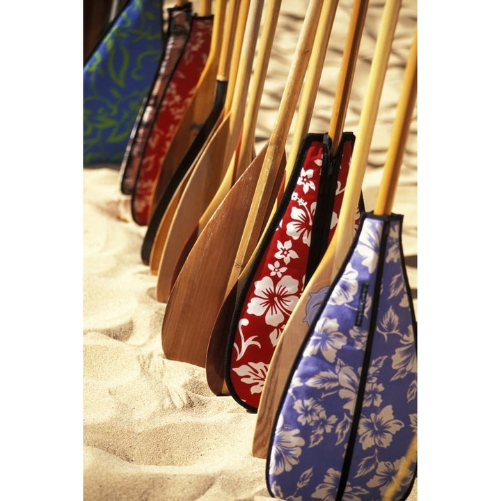 Hawaii Paddles With Aloha Print Covers Lined Up Across Sand Poster Print Image 1