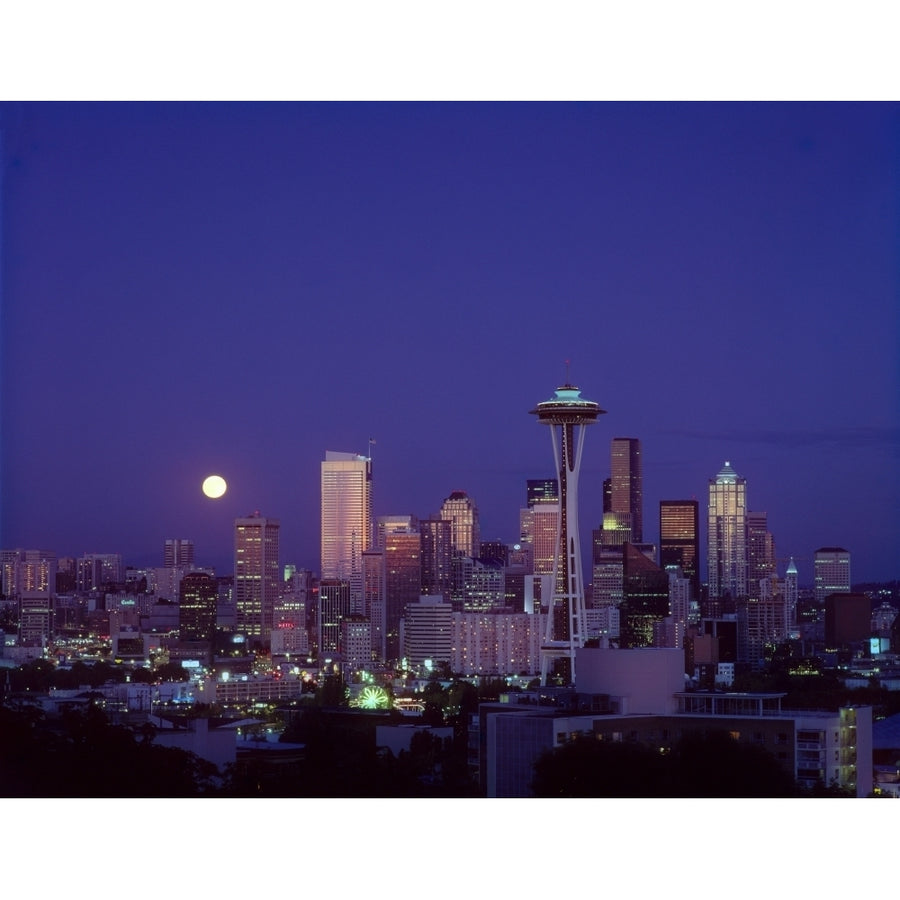 Washington Seattle Downtown Skyline With Moonrise Twilight Overview A50E Poster Print Image 1