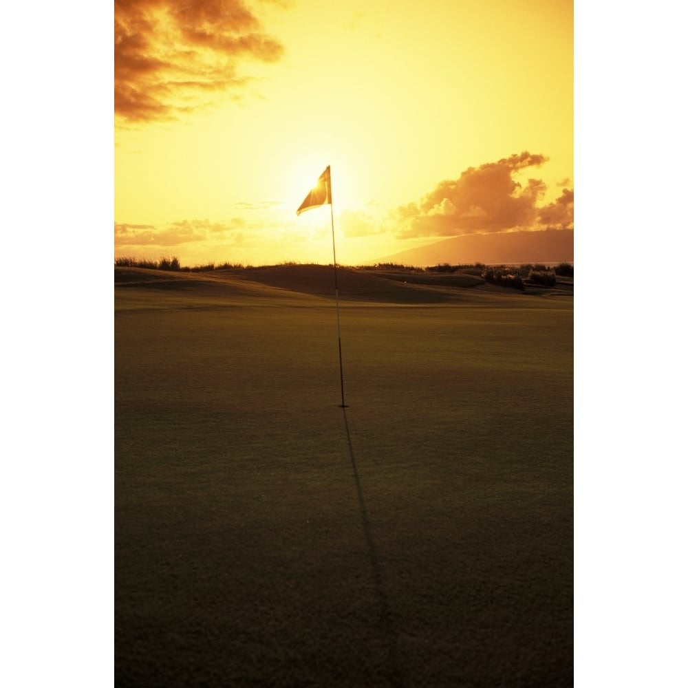 Hawaii Maui Kapalua Golf Club Plantation Course 4Th Hole Flag At Sunset Poster Print Image 1