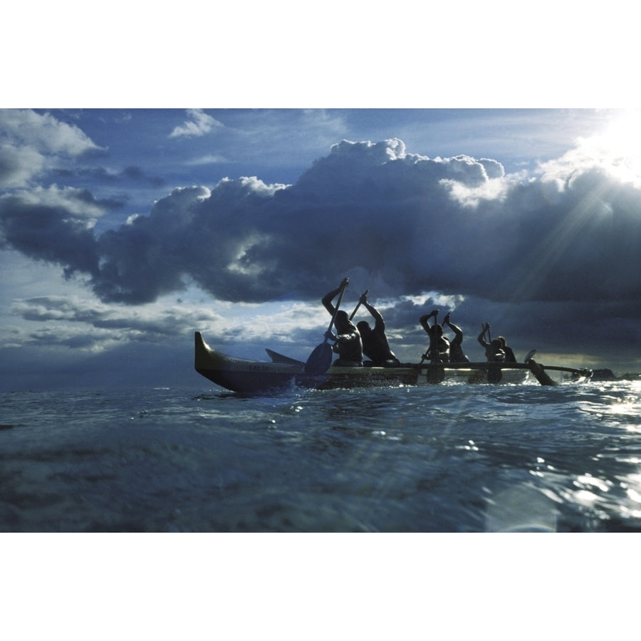 Hawaii Ourigger Canoe Paddlers At Sunset Rays Of Light Break Through Dramatic Sky Poster Print Image 1