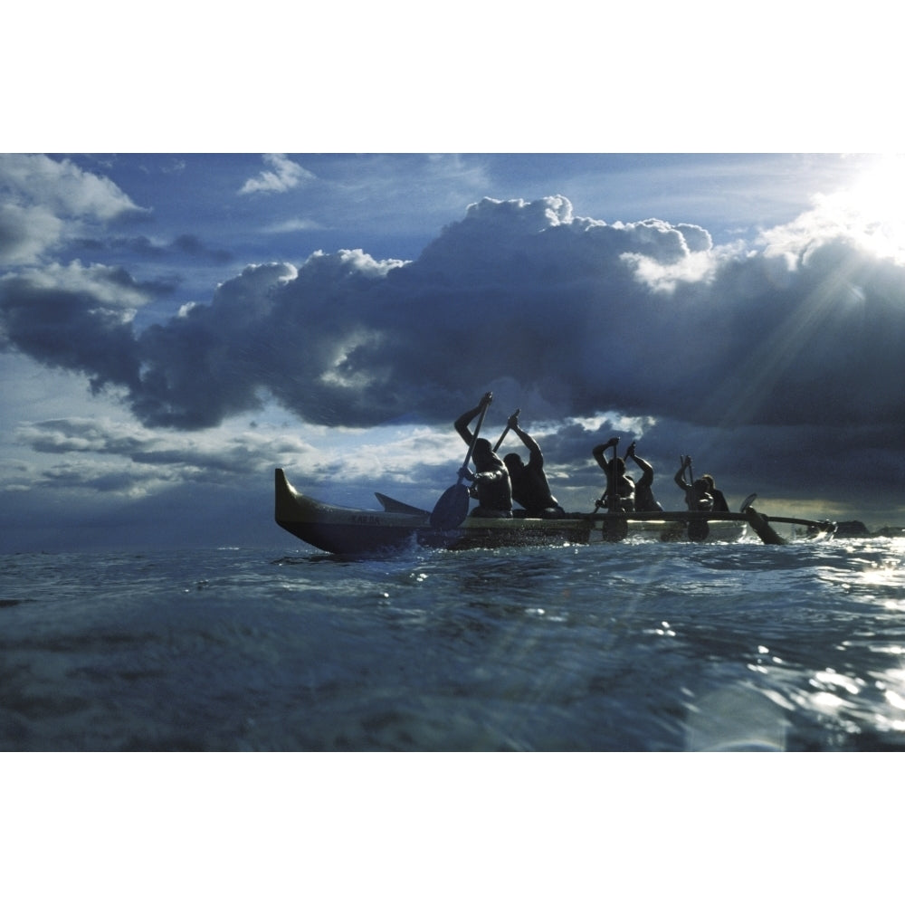 Hawaii Ourigger Canoe Paddlers At Sunset Rays Of Light Break Through Dramatic Sky Poster Print Image 2