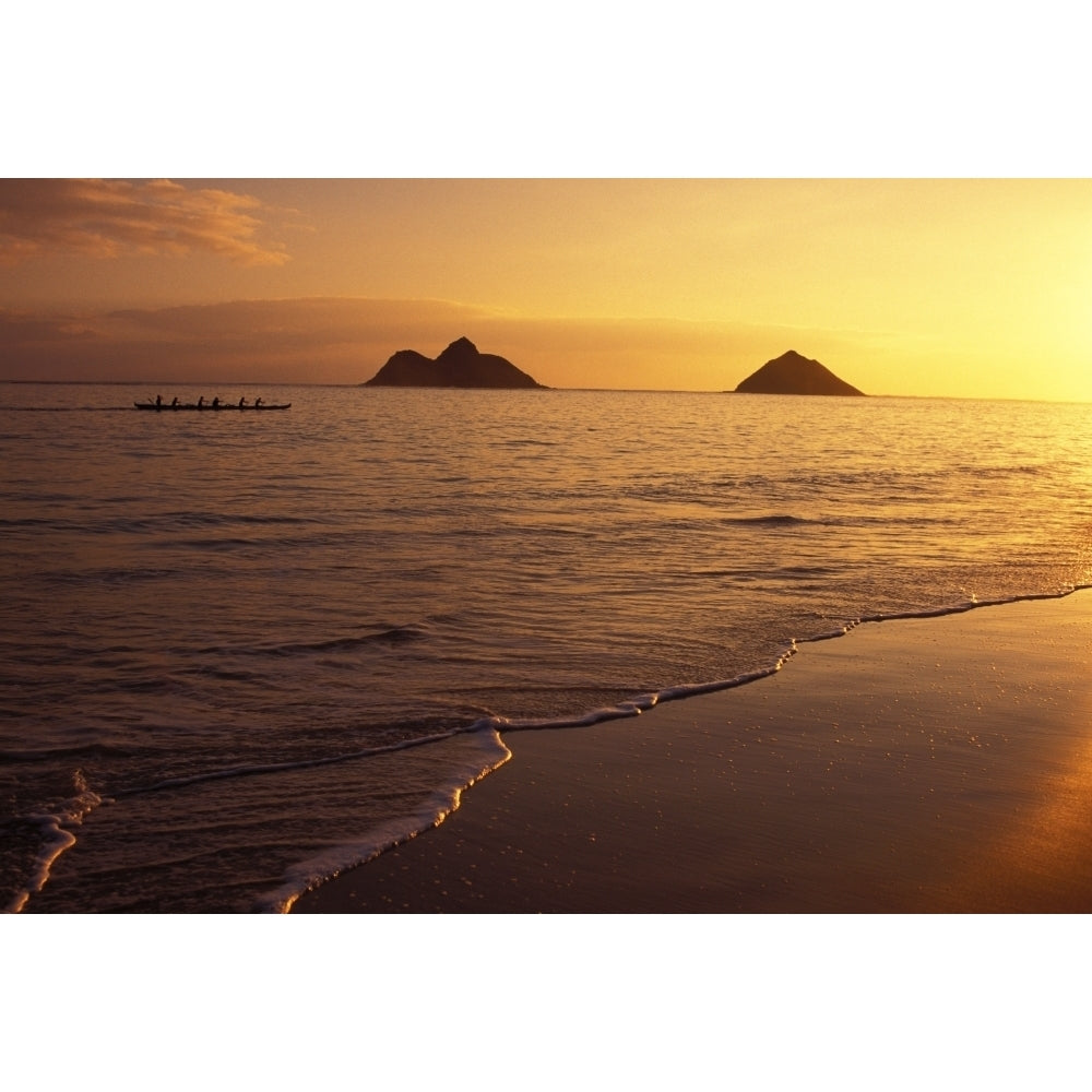 Hawaii Oahu Mokulua Islands Outrigger Canoe Paddlers Off Lanikai Beach At Sunrise Poster Print Image 1