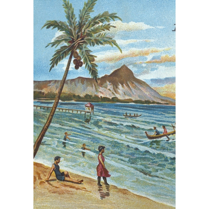 C.1905 Hawaii Oahu Waikiki Outrigger Canoes Surfing With People Watching Diamond Head Background Postcard Image 1