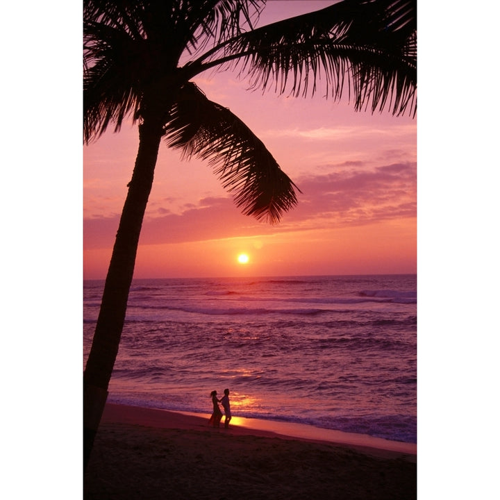 Hawaii Couple Silhouetted On The Beach At Sunset With Tall Palm Foreground A05G Poster Print Image 1