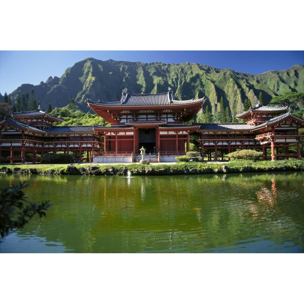 Hawaii Oahu Kahaluu Byodo-In Temple With Pond Foreground Koolau Mountains Background Japanese Religion A42D Image 1