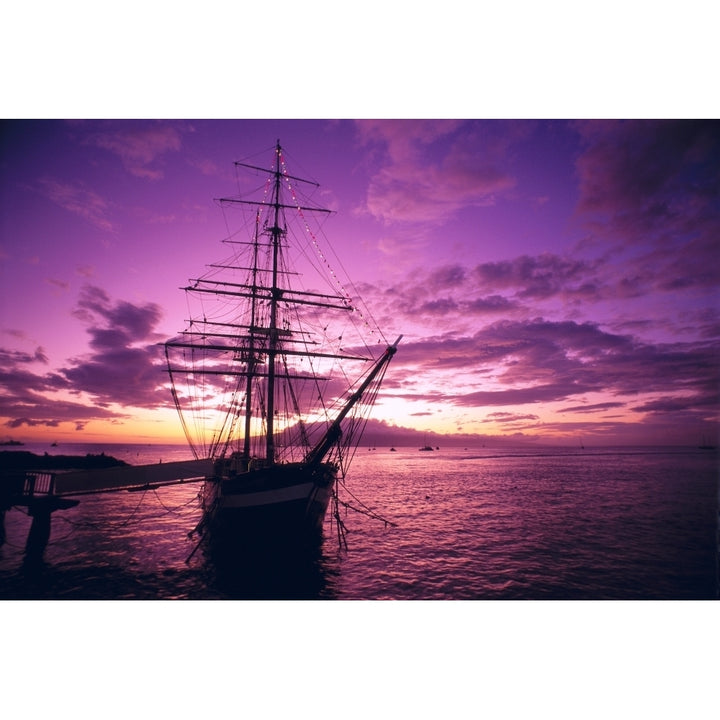 Hawaii Maui Lahaina Harbor Carthaginian Tall Ship At Sunset Silhouetted Pink And Yellow Sky A46A Print Image 1