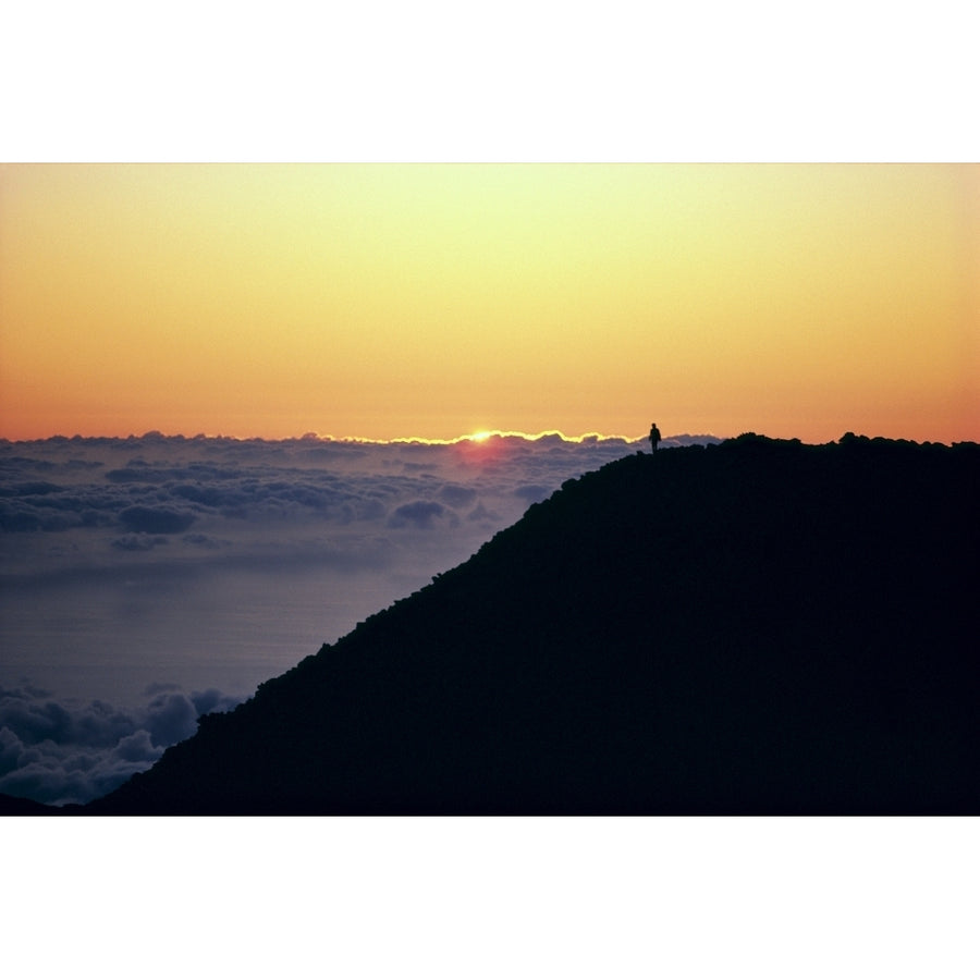 Hawaii Maui Haleakala Crater Person In Distance Watching Sunrise Above Clouds A46D Poster Print Image 1