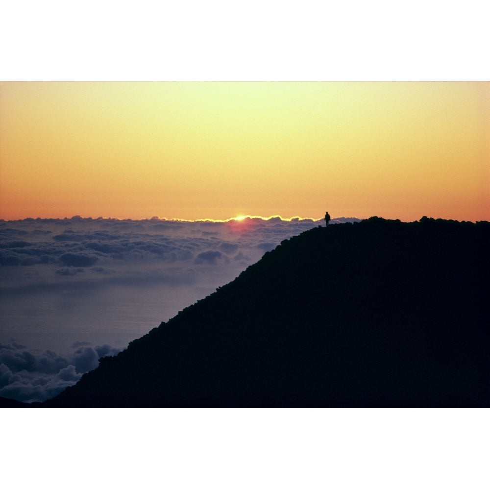 Hawaii Maui Haleakala Crater Person In Distance Watching Sunrise Above Clouds A46D Poster Print Image 2