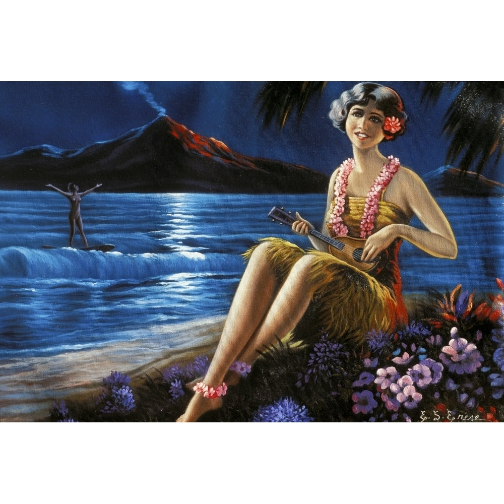 C.1930-1940 Hawaii Art Ukulele Girl On Beach Moonlit Surfer Volcano Background Poster Print Image 1