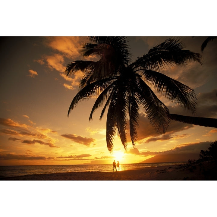 Hawaii Maui Kihei Kamaole One Distant View Of Couple Walking Along Beach At Sunset Poster Print Image 2