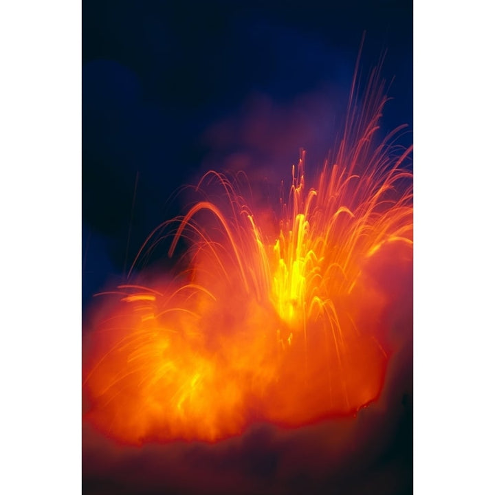 Hawaii Big Island Hawaii Volcanoes National Park Lava Exploding As Flow Hits Ocean Nighttime A28G Print Image 1