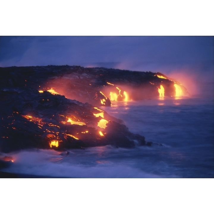 Hawaii Big Island Hawaii Volcanoes National Park Lava Flow Action Into Ocean Twilight A27D Poster Print Image 1