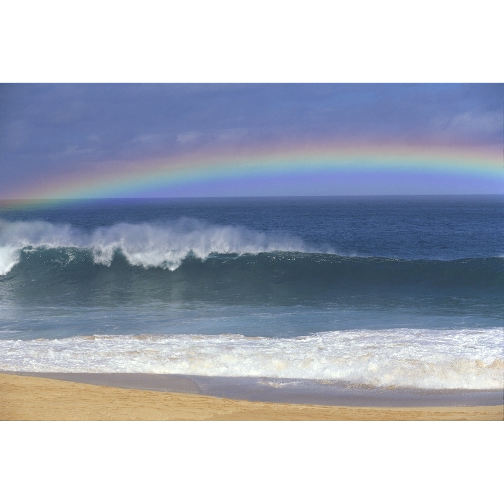 Rainbow Over Shore Break Beach Foreground Horizon And Blue Sky With Clouds A21E Poster Print Image 1