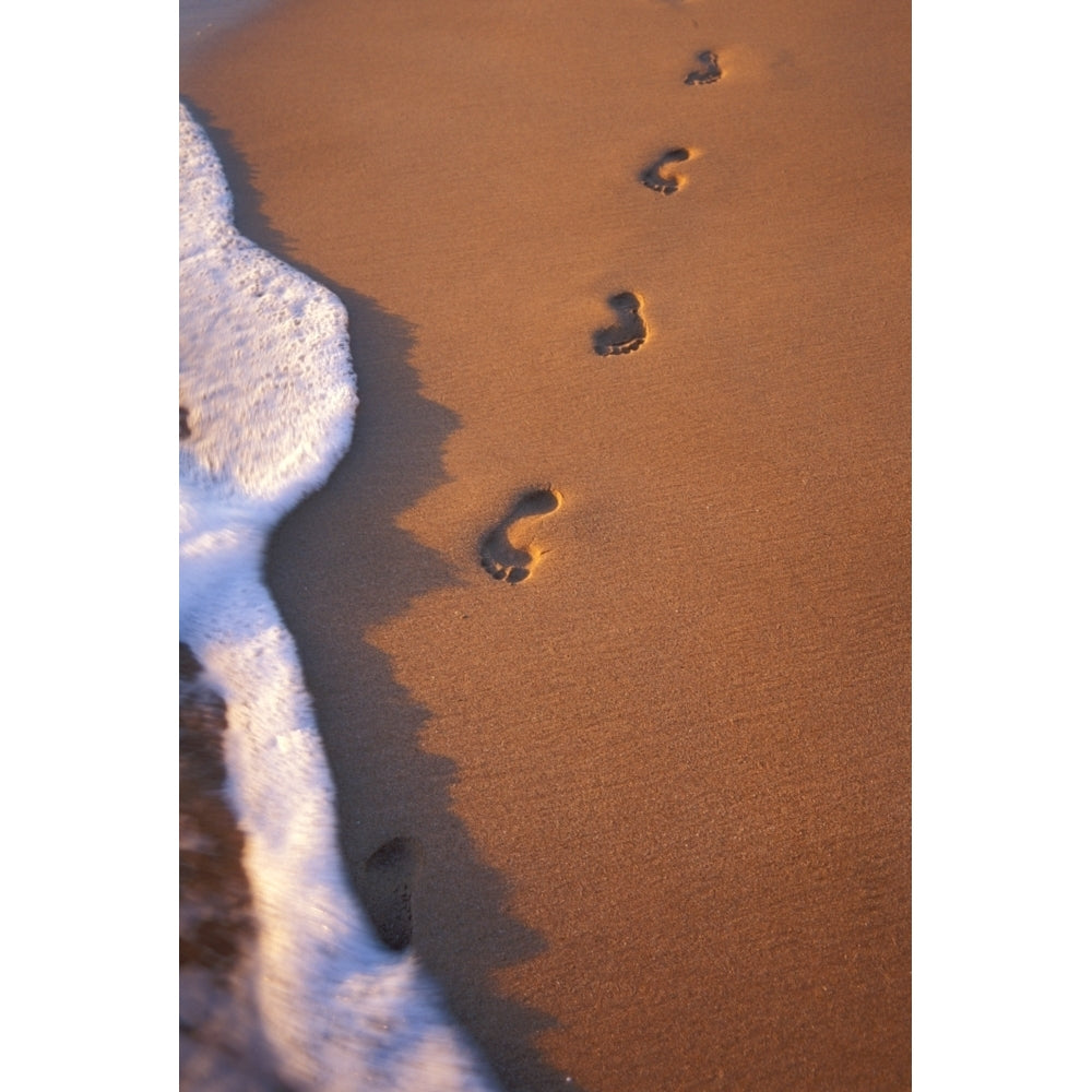 Close-Up Of Footprints In The Sand Along Shoreline Golden Afternoon With Shadows Poster Print Image 2