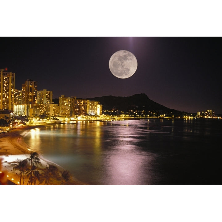 Hawaii Oahu Diamond Head Waikiki Beach Full Moon Reflecting City Lights Poster Print Image 1