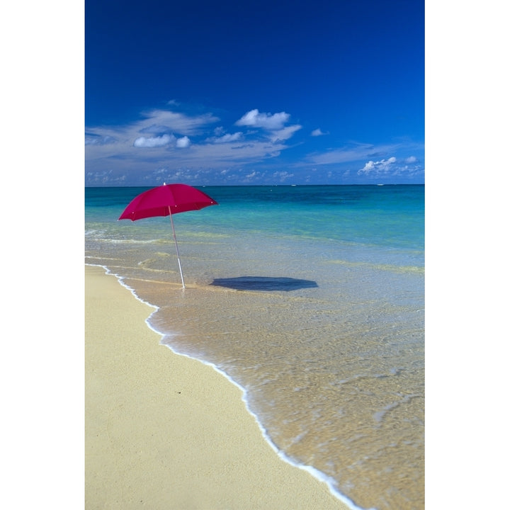 Red Beach Umbrella In Shoreline Waters Clear Turquoise Water B1455 Poster Print Image 1