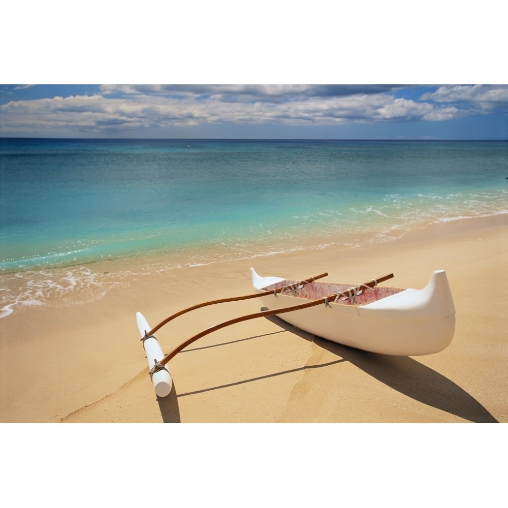 White Outrigger Canoe On Shoreline With Shadow Calm Turquoise Water Poster Print Image 1