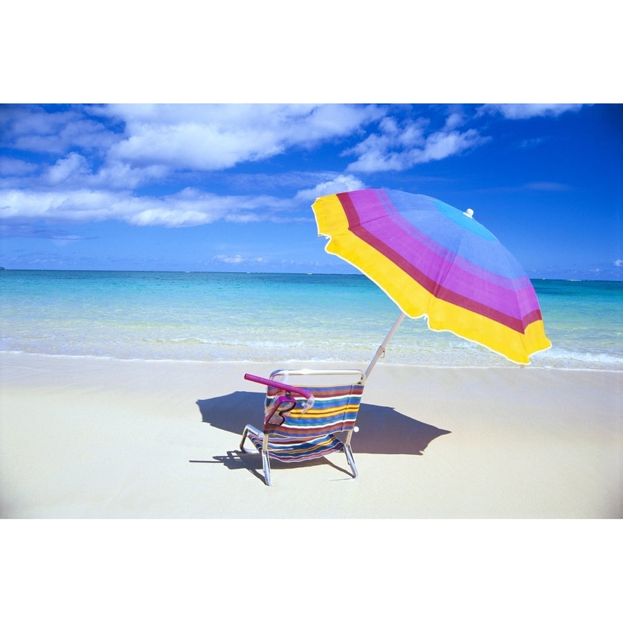 Beach Chair And Umbrella With Snorkel Gear Turquoise Ocean And Blue Skies C1759 Poster Print Image 1