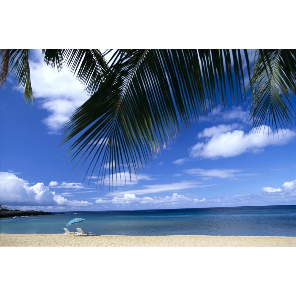 Hawaii Lanai Hulopoe Beach Palm Fronds In Foreground Beach Chairs And Umbrella C1589 Poster Print Image 2