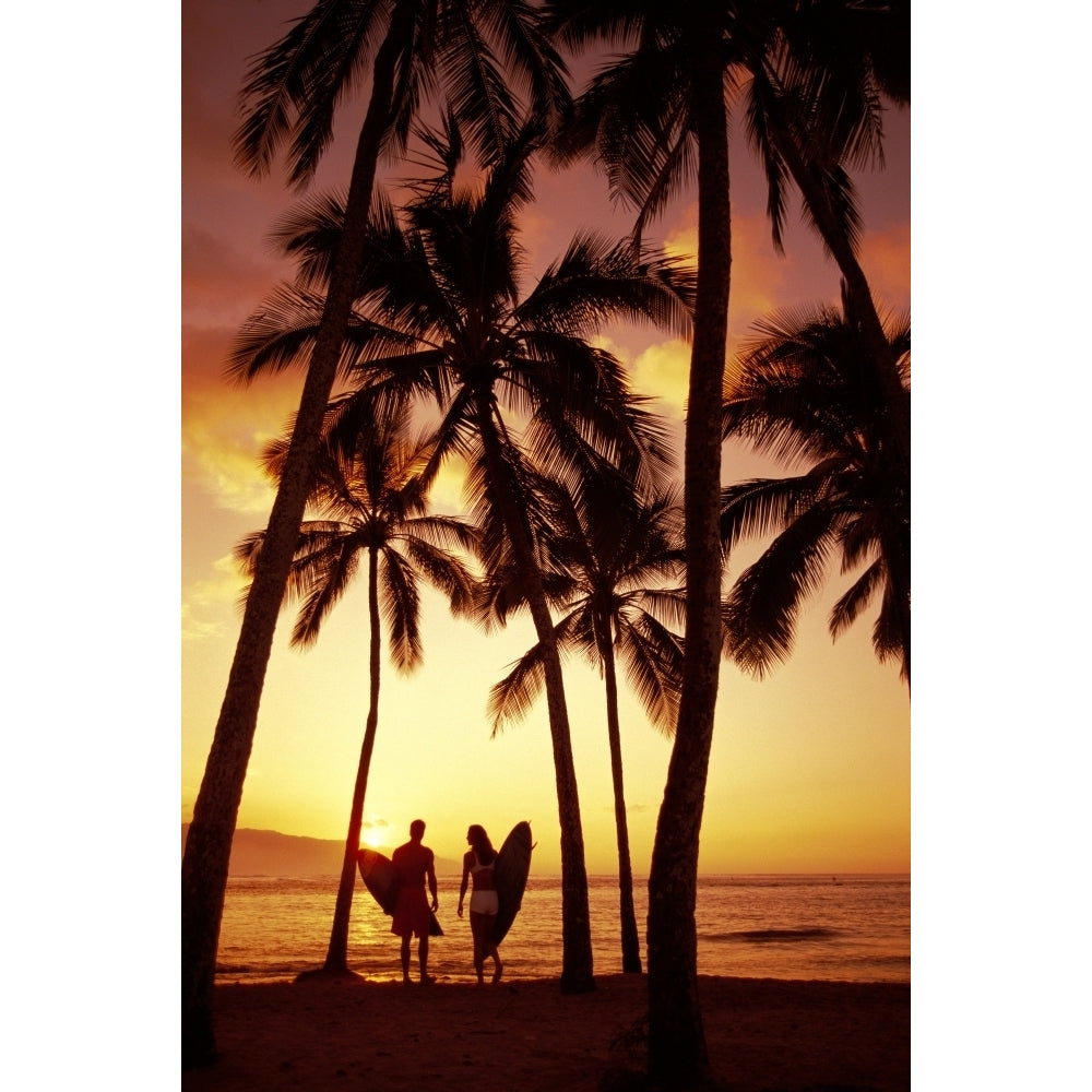 Hawaii Oahu North Shore Couple Walk Along Shoreline Surfboard Palms At Sunset Golden Silhouette Print Image 1