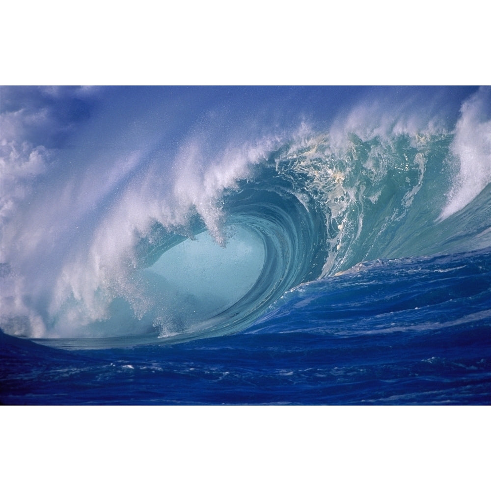 Hawaii Oahu North Shore Close-Up Side Angle Powerful Winter Surf Wave Curling Through Curl Poster Print Image 1