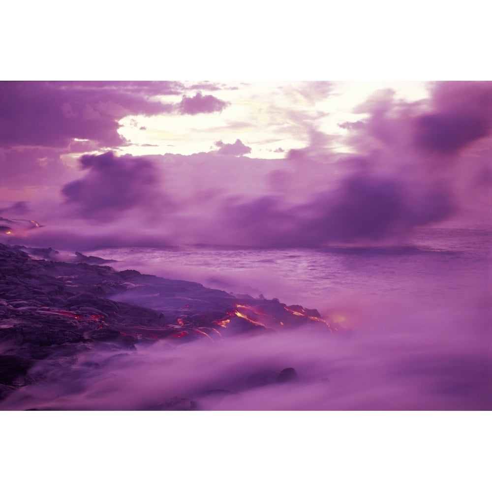 Hawaii Big Island Kilauea Lava Flow Into Ocean At Dawn Purple Smoke Blurry Motion Kamoamoa Pahoehoe Print Image 1