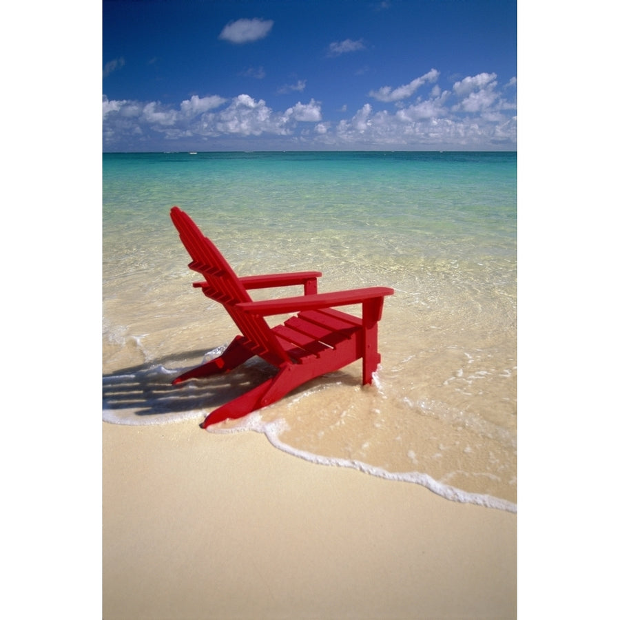 Red Beach Chair Along Shoreline Turquoise Ocean Calm Poster Print Image 1