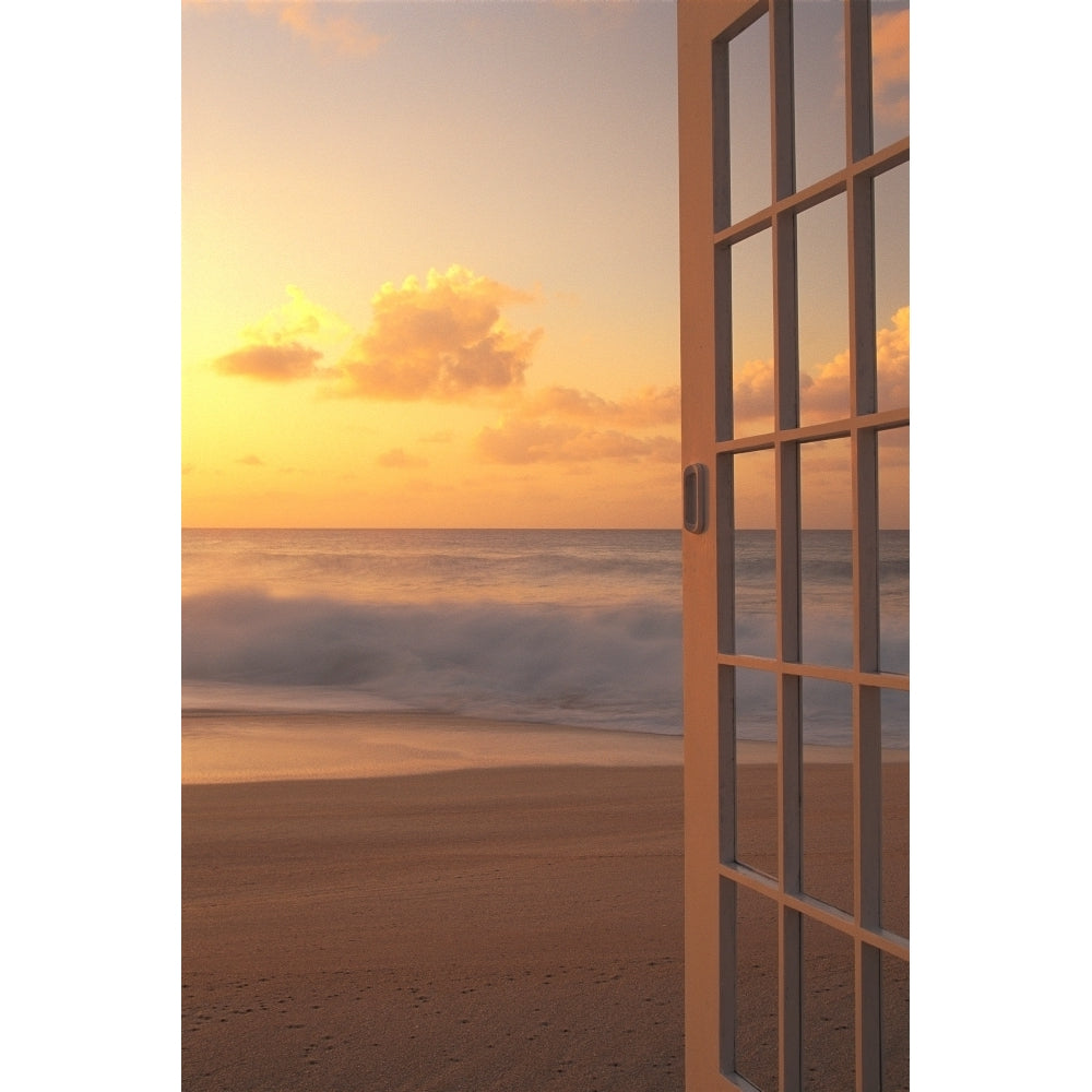 Afternoon Beach Scene Open Door Along Shoreline Golden Clouds Shore Break Waves Hues Poster Print Image 2