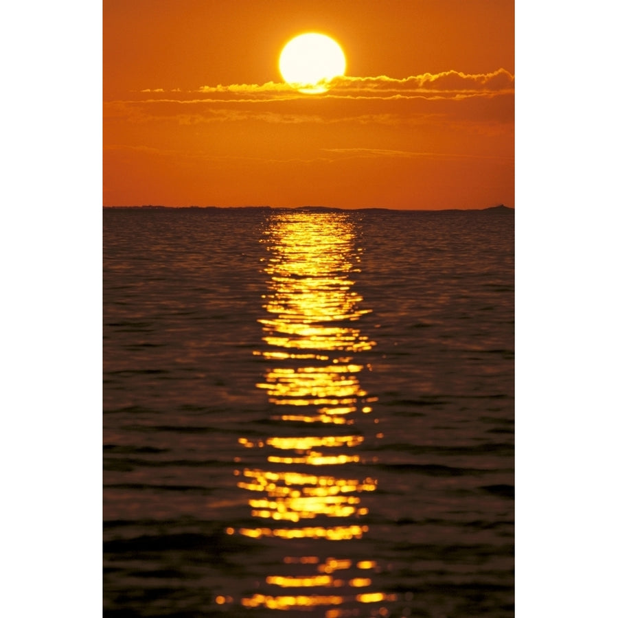 Sunset Reflections On Dark Ocean Water Sun Ball In Orange Sky Poster Print Image 1