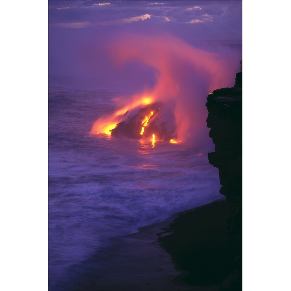 Hawaii Big Island Kilauea Volcano Lava Meets Ocean Action Glowing In Pink Steamy Skies Poster Print Image 1