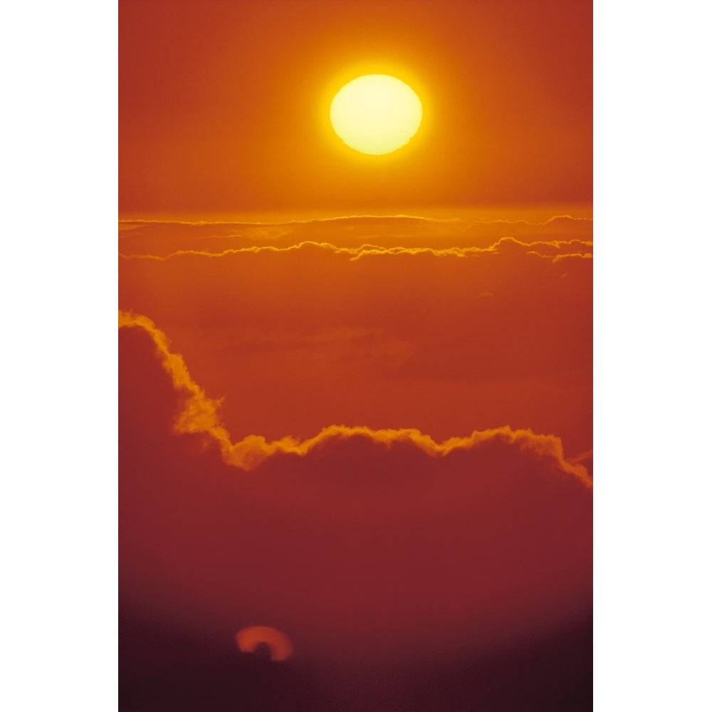 Glowing Yellow Sun Ball Bright Orange Sunset Skies Above Cumulus Clouds Poster Print Image 2