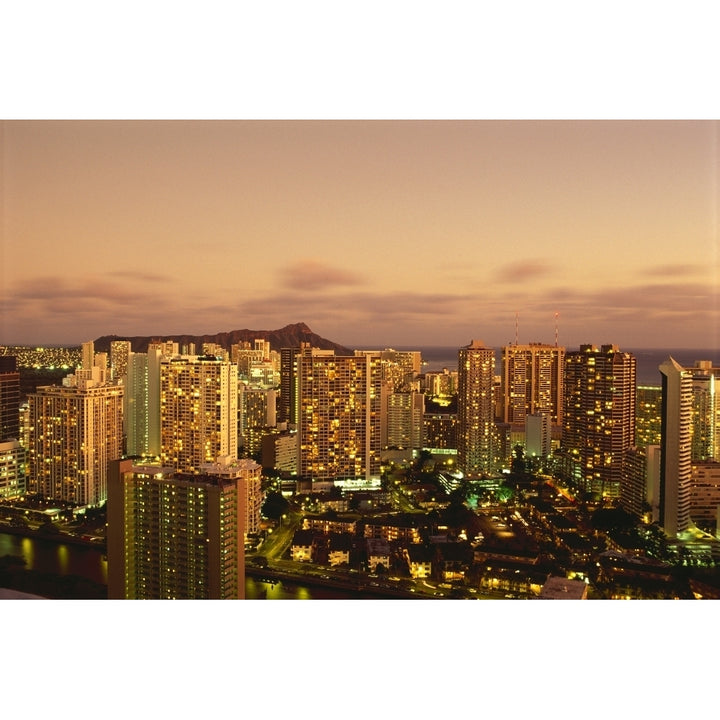 Hawaii Oahu Waikiki Skyline At Twilight Pink Clouds And Golden Hues Diamond Head Background Poster Print Image 1