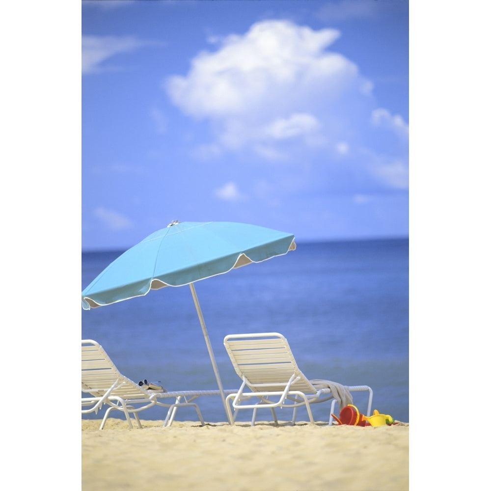 Pair Of Beach Chairs And An Umbrella On White Sand Beach With Blue Skies And Water Poster Print Image 1