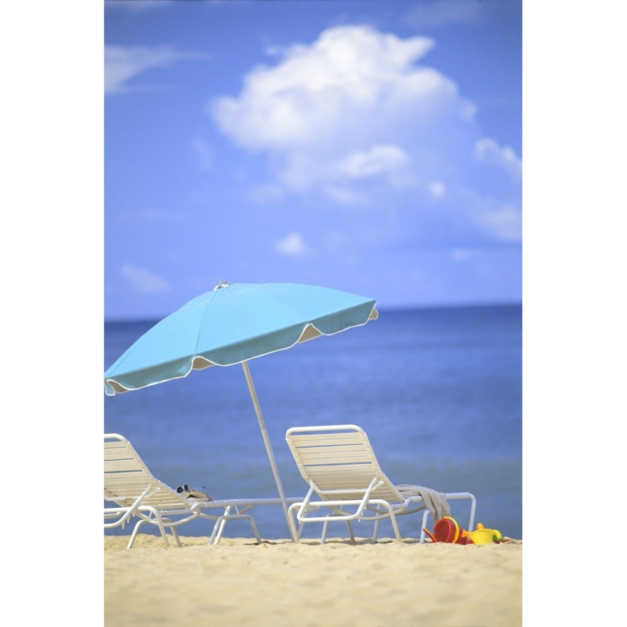 Pair Of Beach Chairs And An Umbrella On White Sand Beach With Blue Skies And Water Poster Print Image 1