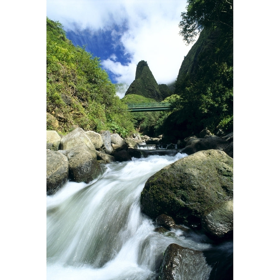 Hawaii Maui Iao Valley Iao Needle In Background Rushing Stream In Foreground Poster Print Image 1