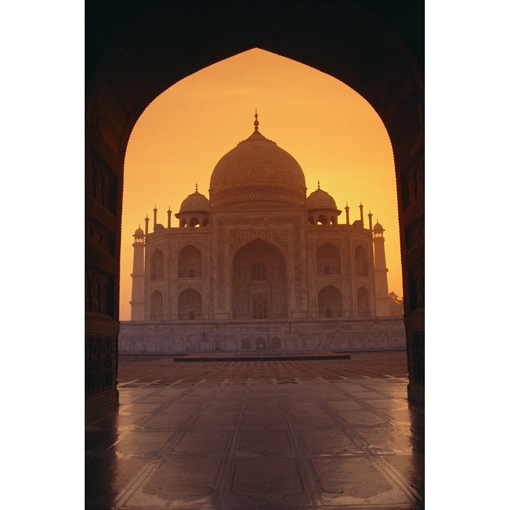 India Agra View Of Taj Mahal Through Archway Of Adjacent Building Orange Sunset Sky Poster Print Image 2