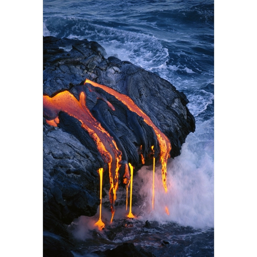 Hawaii Big Island Hawaii Volcanoes National Park Close-Up Lava Flowing Into Gray Ocean Steam Smoke Pahoehoe Image 1