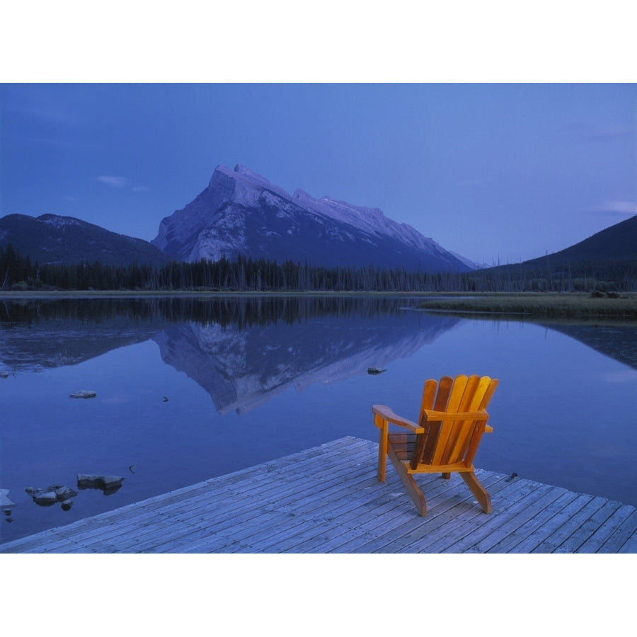 Fv2570 Natural Moments Photography; Chair On Deck Overlooking Lake And Mountain Poster Print Image 1