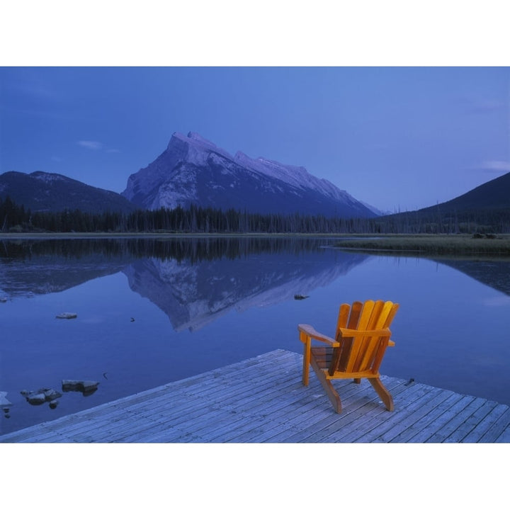 Fv2570 Natural Moments Photography; Chair On Deck Overlooking Lake And Mountain Poster Print Image 1