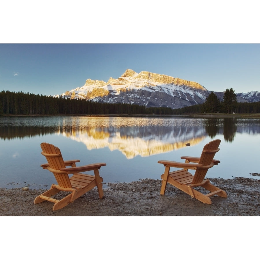 Muskoka Chairs In Front Of Mt Rundle And Two Jack Lake Banff National Park Alberta. Poster Print Image 1