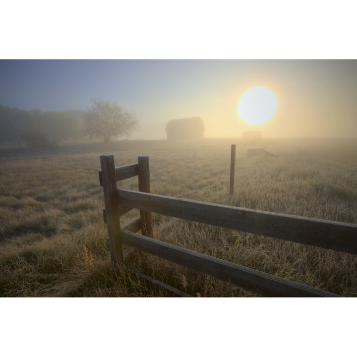 Foggy Autumn Sunrise Over Abandoned Farm With Fence And Barn Alberta Prairie Poster Print Image 2