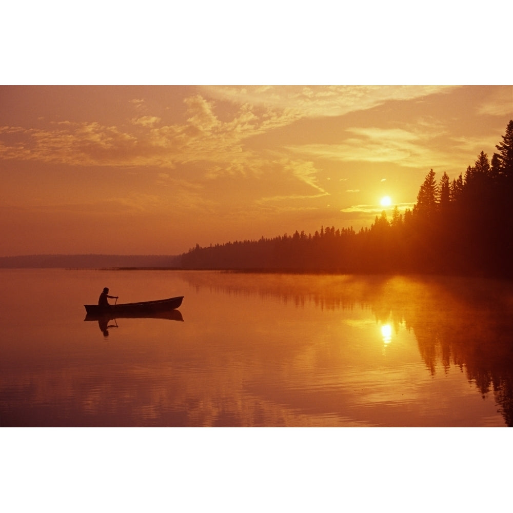 Canoeing On Childs Lake At Sunrise Duck Mountain Provincial Park Manitoba Poster Print Image 2