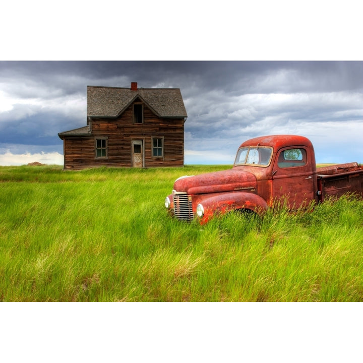 Abandoned Homestead House And Red Pick-Up Truck Southwestern Saskatchewan Poster Print Image 2