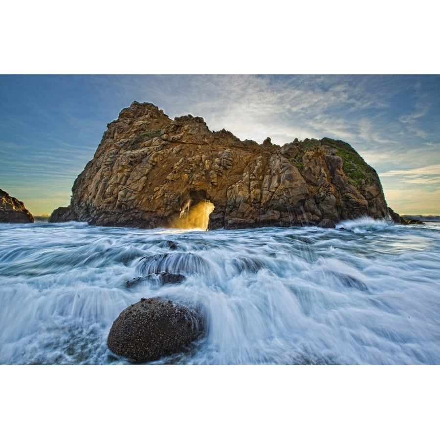 Shaft Of Sunlight Through Hole In Rock Pfeiffer Beach California. Poster Print Image 1