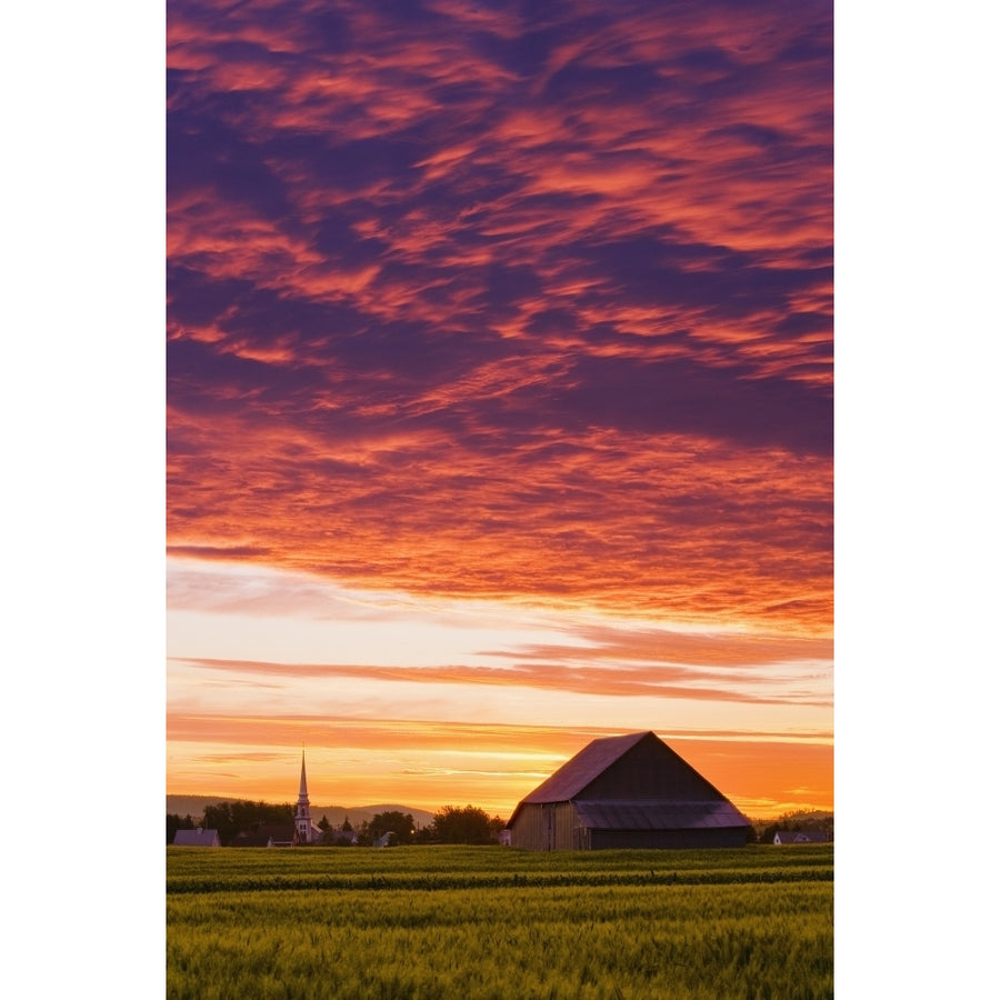 Barley Fields Barn Church And Colourful Sky At Dusk Bas-Saint-Laurent Region Saint-Donat Quebec Print Image 1