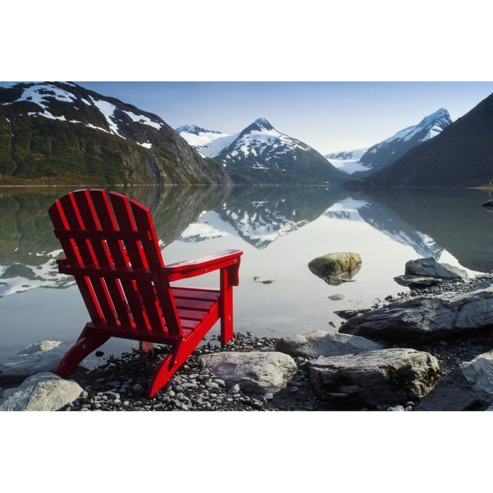 Red Adirondack Chair At Portage Lake With Chugach Mountains In The Background Southcentral Alaska Print Image 1