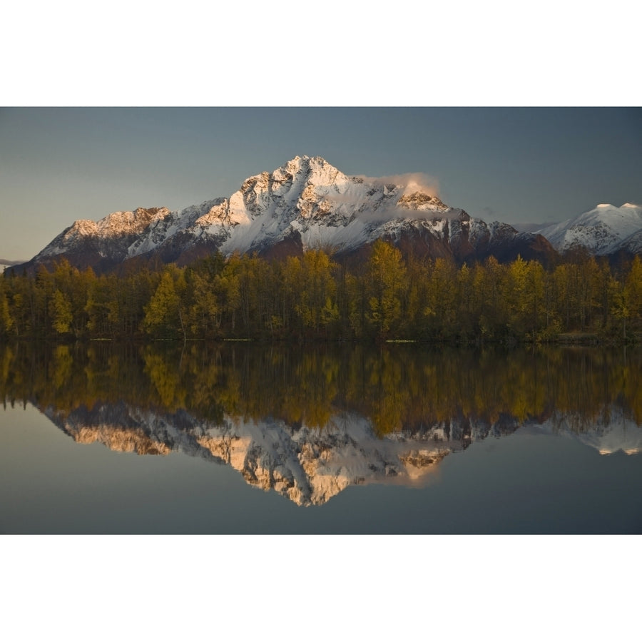 Scenic View Of Pioneer Peak Reflecting In Echo Lake At Sunset Southcentral Alaska Poster Print Image 1