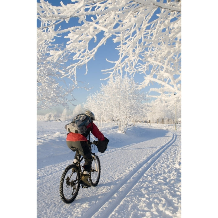 Woman Biking Alongside The Westchester Lagoon Trail In Winter Wearing Cold Weather Cycling Gear Anchorage Alaska Poste Image 1